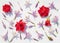 Beautiful delicate blue flowers and mini red roses on a white background. Floral pattern, botanical pattern.