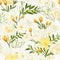 Beautiful and delicate freesia flower blooms in a mesmerizing top view seamless pattern