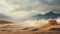 Beautiful desert landscape in cinematic and soft sunlight. Sand dunes and sparse vegetation in the foreground, high mountain range