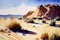 Beautiful desert landscape, a sweeping vista of sand dunes and rocky outcroppings, with a clear blue sky above, ai illustration