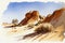 Beautiful desert landscape, a sweeping vista of sand dunes and rocky outcroppings, with a clear blue sky above, ai illustration