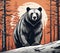 beautiful detailed colored linocut art style of a giant grizzly bear staring seriously at you .