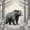beautiful detailed grayscale linocut art style of a giant grizzly bear standing on the rock at the jungle