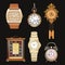Beautiful detailed set illustrations of different clocks. Wall, table, watches. Retro style.
