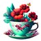 Beautiful digital matte painting of tea cup and whimsical botanical illustration. Generative AI