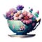 Beautiful digital matte painting of tea cup and whimsical botanical illustration. Generative AI