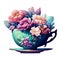 Beautiful digital matte painting of tea cup and whimsical botanical illustration. Generative AI