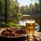 Beautiful dinner, a cup of beer with freshly cooked cancer in a forest by a river. Boiled cancer with beer outdoors on a beautiful