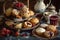 a beautiful display of muffins, scones, and tea-time treats on a vintage tray