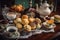 a beautiful display of muffins, scones, and tea-time treats on a vintage tray