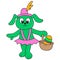 Beautiful doe hare walking with easter eggs in basket, doodle icon image kawaii