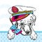 Beautiful dog in the captain`s cap, glasses and tie.