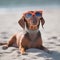 beautiful dog of dachshund smiling , brown and tan, buried in the sand at the beach sea on summer vacation holidays