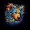 Beautiful dog face ethnic swirling tribal design. Swirling patterns in bright colours. Wild dog totem. Generative AI