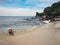 Beautiful dog taking a bath during a sunny day at Ao Sane Beach, Phuket Island