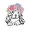 A beautiful dog in a wreath of roses and peonies. Flowers. Cute Spaniel. Purebred puppy.