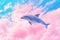 Beautiful dolphin on a sunset background with magical pink clouds. Created using generative AI