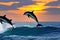 Beautiful dolphins diving and leaping out of the ocean during stunning sunset