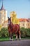 Beautiful draft horse posing at castle background. Vladimir heavy draft breed