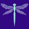 Beautiful dragonfly with colorful wings. Isolated on blue. Hand