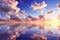 Beautiful Dramatic Cloudscape with Cumulus Clouds in Blue Sky and Lake Sea at Sunrise