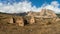 Beautiful dramatic landscape nature view in the mountains. Old Ossetian family crypt in the misty mountains. Digoria region. North