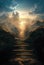 Beautiful dramatic mysterious landscape with spiritual pathway to heaven. AI generated