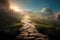 Beautiful dramatic mysterious landscape with spiritual pathway to heaven. Digital 3D illustration