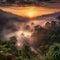 Beautiful dreamy sunrise over tropical jungle with fog and mist Generative AI