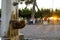 Beautiful drinking fountain against the setting sun in Rome, Italy.