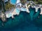 Beautiful drone shot of the pools on the rocky coast of Caribbean sea in Bayahibe village