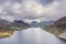 Beautiful drone view over Lake District landscape in late Summer, in Wast Water valley with mountain views and dramatic sky