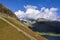 Beautiful drone view over Lake District landscape in late Summer, in Wast Water valley with mountain views and dramatic sky