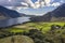 Beautiful drone view over Lake District landscape in late Summer, in Wast Water valley with mountain views and dramatic sky