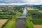 Beautiful  drone view of Weser river, mountains and  farm fields