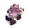Beautiful druse of crystals of amethyst with dry herb of oregano on a white background. Magic symbol. A precious stone