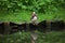 Beautiful duck sits on the river bank