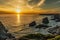 Beautiful dusk sunset of Bedruthan Steps rock stacks in Cornwall, UK