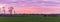 Beautiful dutch landscape of a grass field with buildings in the distance, nacreous clouds coloring the sky pink and purple, a