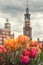 Beautiful dutch tulip flowers against the Munttoren tower, vertical, Amsterdam, Netherlands