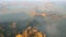 Beautiful early morning golden autumn landscape with mist fog, aerial