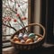 A beautiful Easter background with colorful eggs ready to be served at the festive table. Generative AI