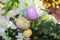 Beautiful Easter flowers with colored and straw eggs with bokeh background - purple and pink and yellow and green