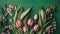 Beautiful Easter Tulips Pattern On Green Background - Generative AI