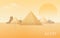 Beautiful Egypt desert landscape with silhouettes of Giza pyramid complex, statue of Great Sphinx, traditional buildings