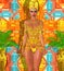 Beautiful Egyptian woman posing in sheer gold star top and bikini bottom