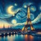 Beautiful Eiffel Tower with expressive cityscape, swirling crescent moon, mystical touch in Van Gogh style painting