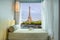 Beautiful Eiffel tower view at window in resort