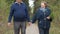 A beautiful elderly couple, walking in the park, talking kindly. Good mood, positive life. Love each other, hold hands.