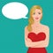 Beautiful elegant blond woman in a red dress and speech bubble